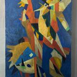 Oil on canvas by Jean Billecocq modern composition with roosters 1960