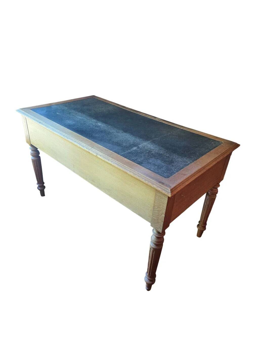 Antique flat desk in oak and black leather, Louis-Philippe style.
