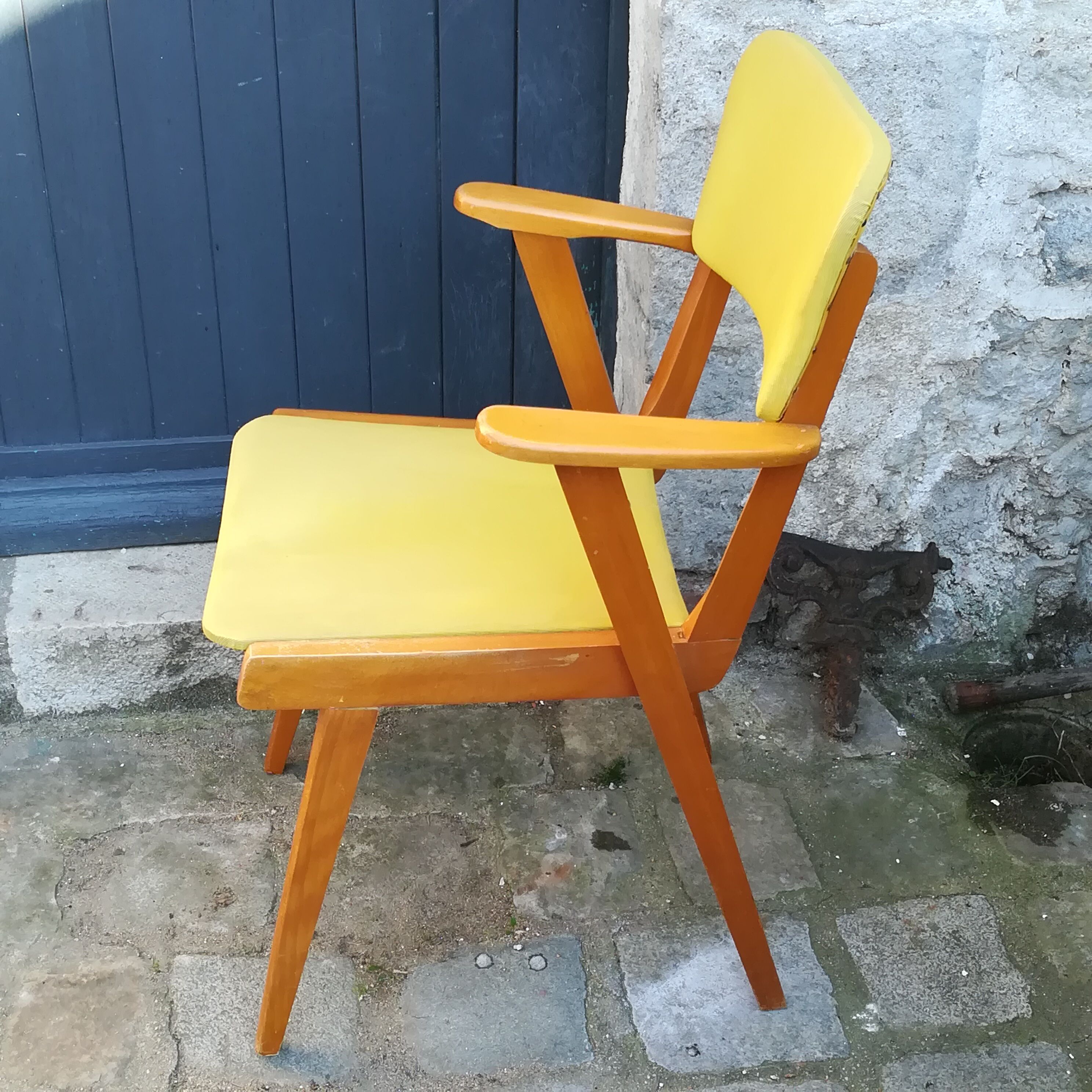 Chair wood and yellow vinyl