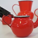 Set pichet & théière en métal émaillé orange et noir 1950s, set de 4