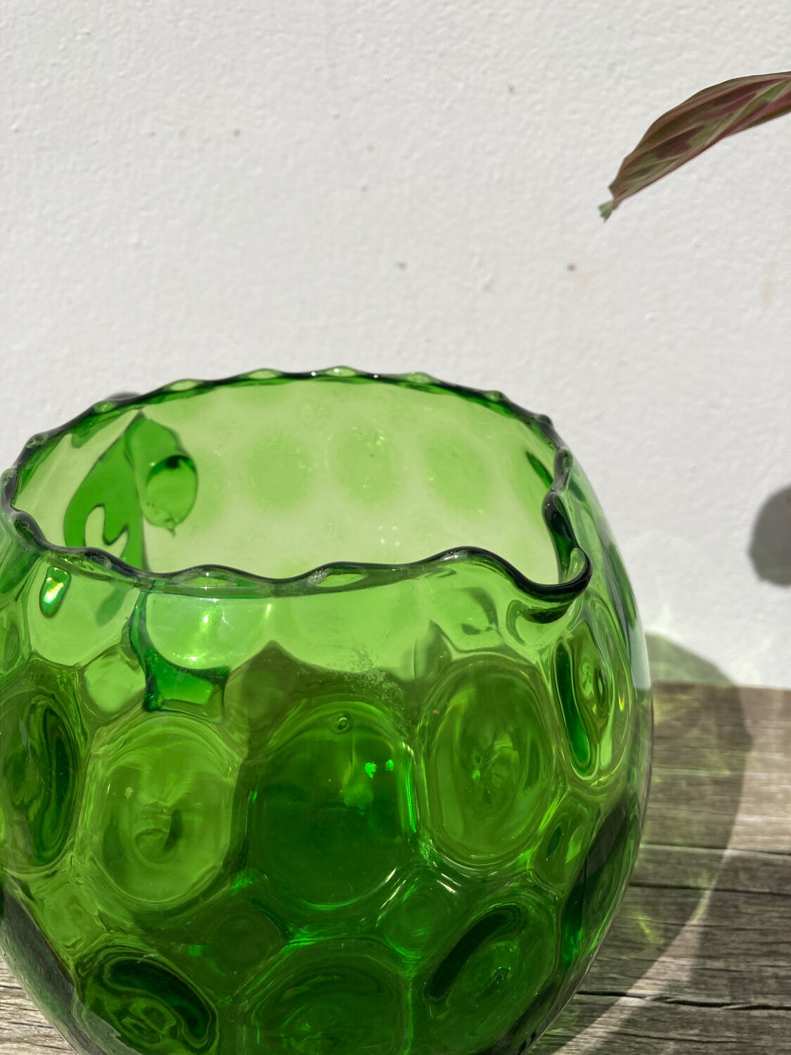 4 green water glasses and vintage blown glass carafe