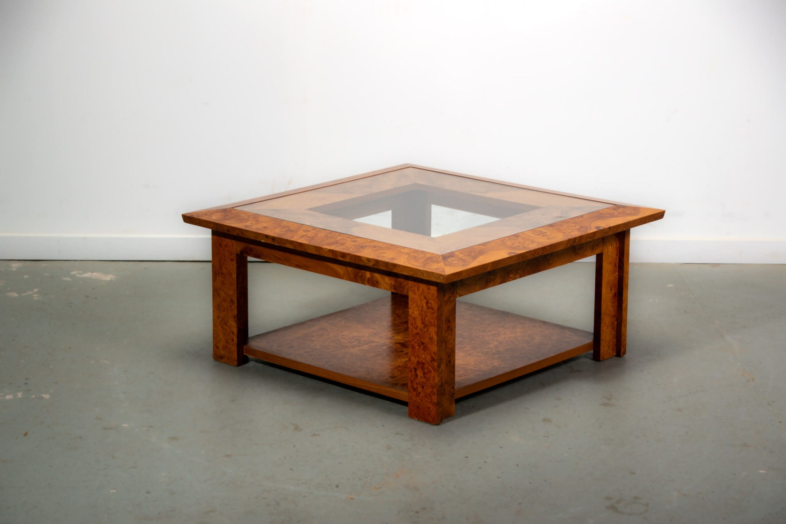 Walnut burl and glass coffee table circa 1980