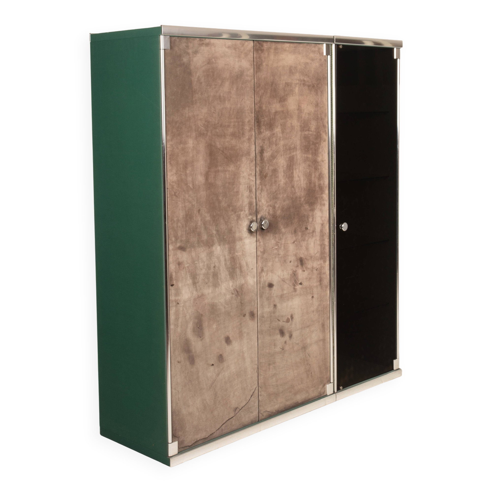 Guido Faleschini Astro Smoked Glass and Suede Cabinets for i4 Mariani 1979