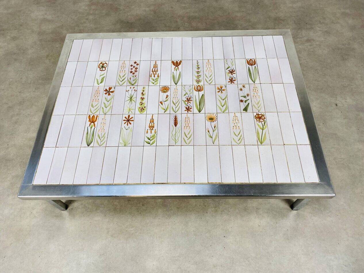 Square ceramic tile coffee table by Roger Capron, flowers, 1950s.