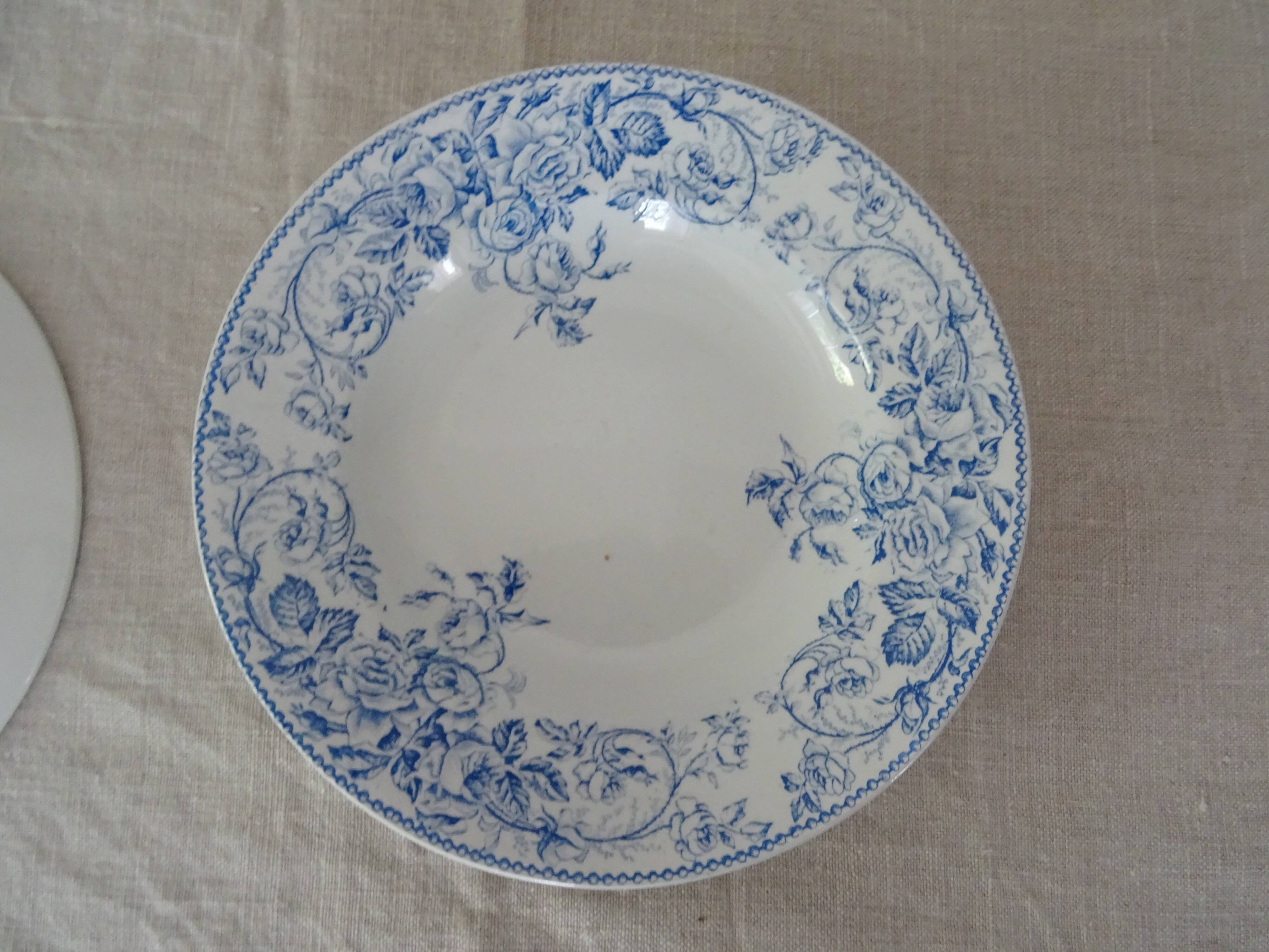 2 Hollow plates Luneville Keller and Guerin decoration blue flowers faience old