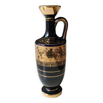 Greek Amphora Vase/Scenes of life Greek Mythology. Signed KA. Handmade in Greece, gilded with 24c fine gold. High 22.5 cm