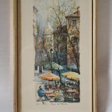 Lithograph gilded frame Paris place du Tertre vintage