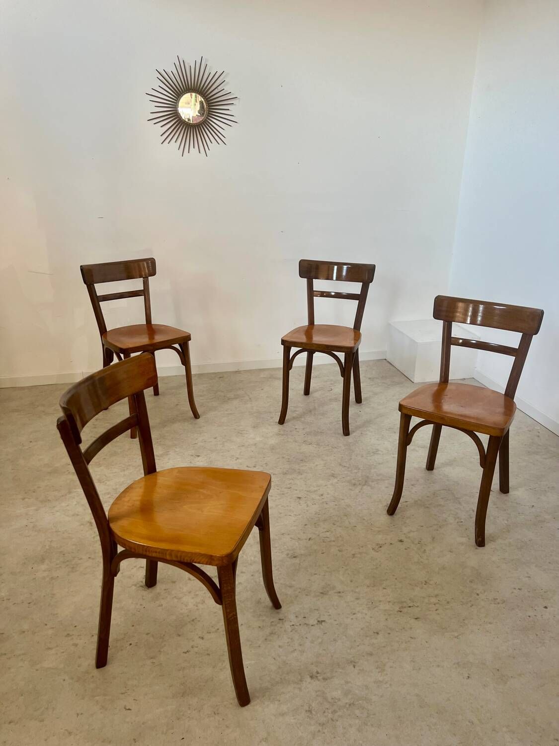 Set of 4 old vintage Baumann 50s wooden bistro chairs