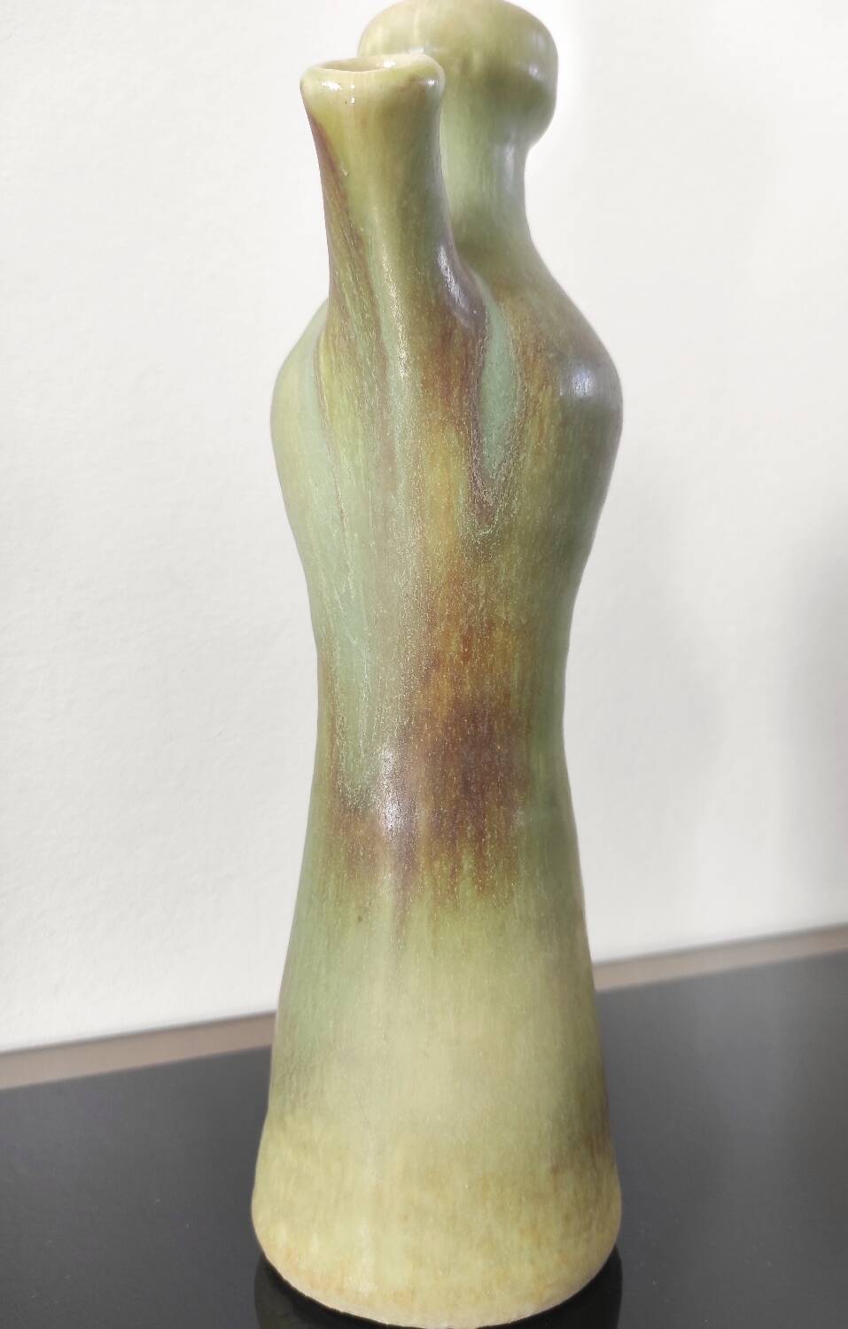 Pichet / Soliflore vintage en céramique flammée – Vert olive & Brun (A