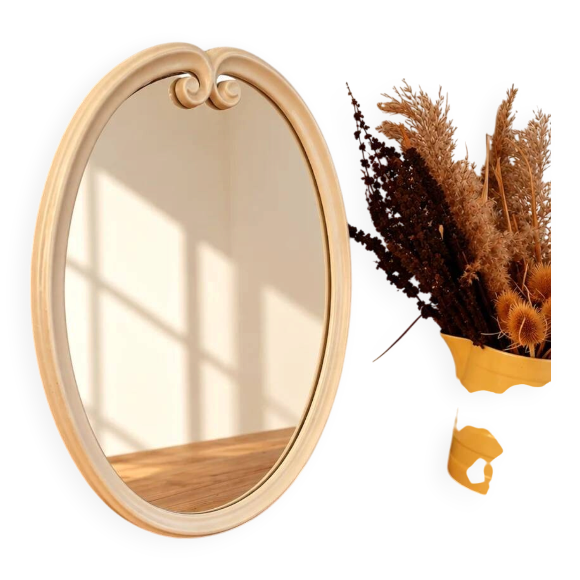 Grand miroir ovale vintage en métal émaillé blanc
