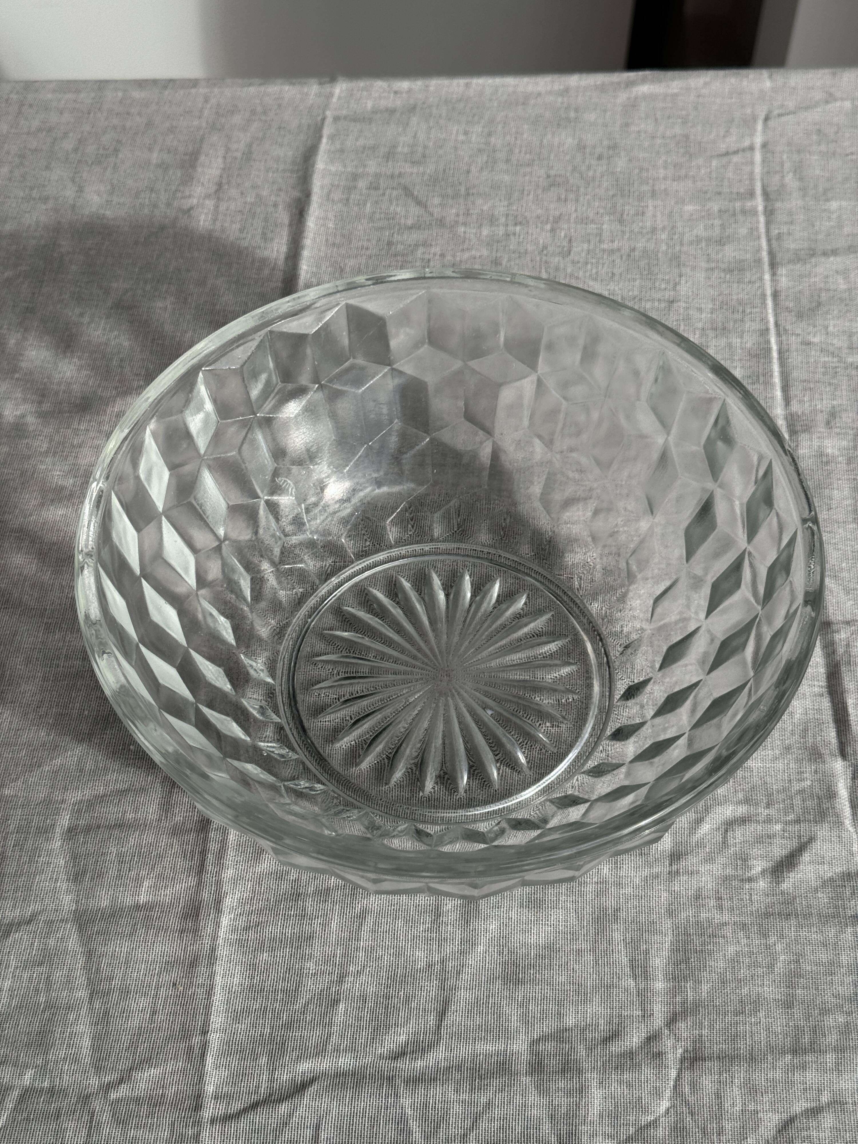 Small vintage glass bowl with a cube pattern.