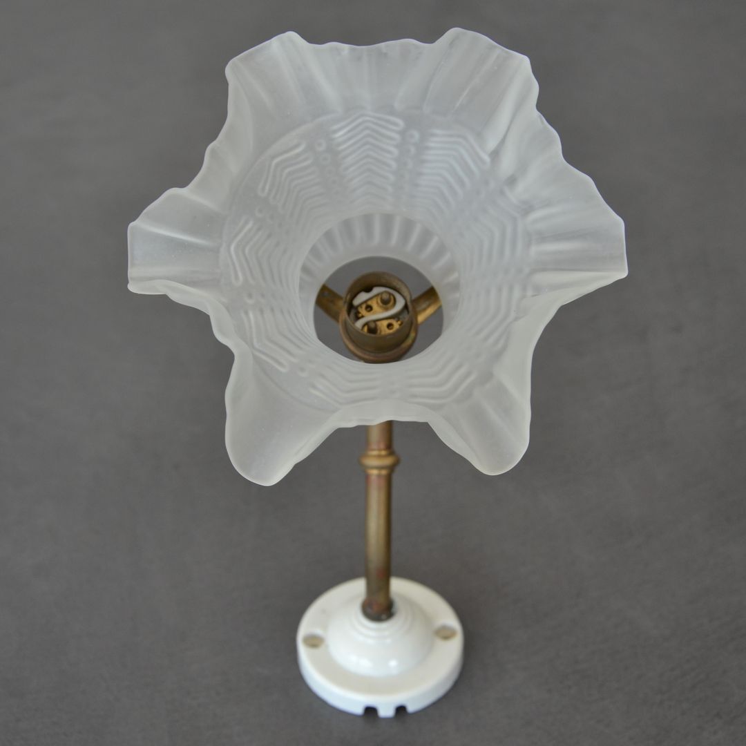 Vintage wall lamp, glass tulip lampshade, brass gooseneck support and blah porcelain