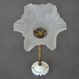 Vintage wall lamp, glass tulip lampshade, brass gooseneck support and blah porcelain