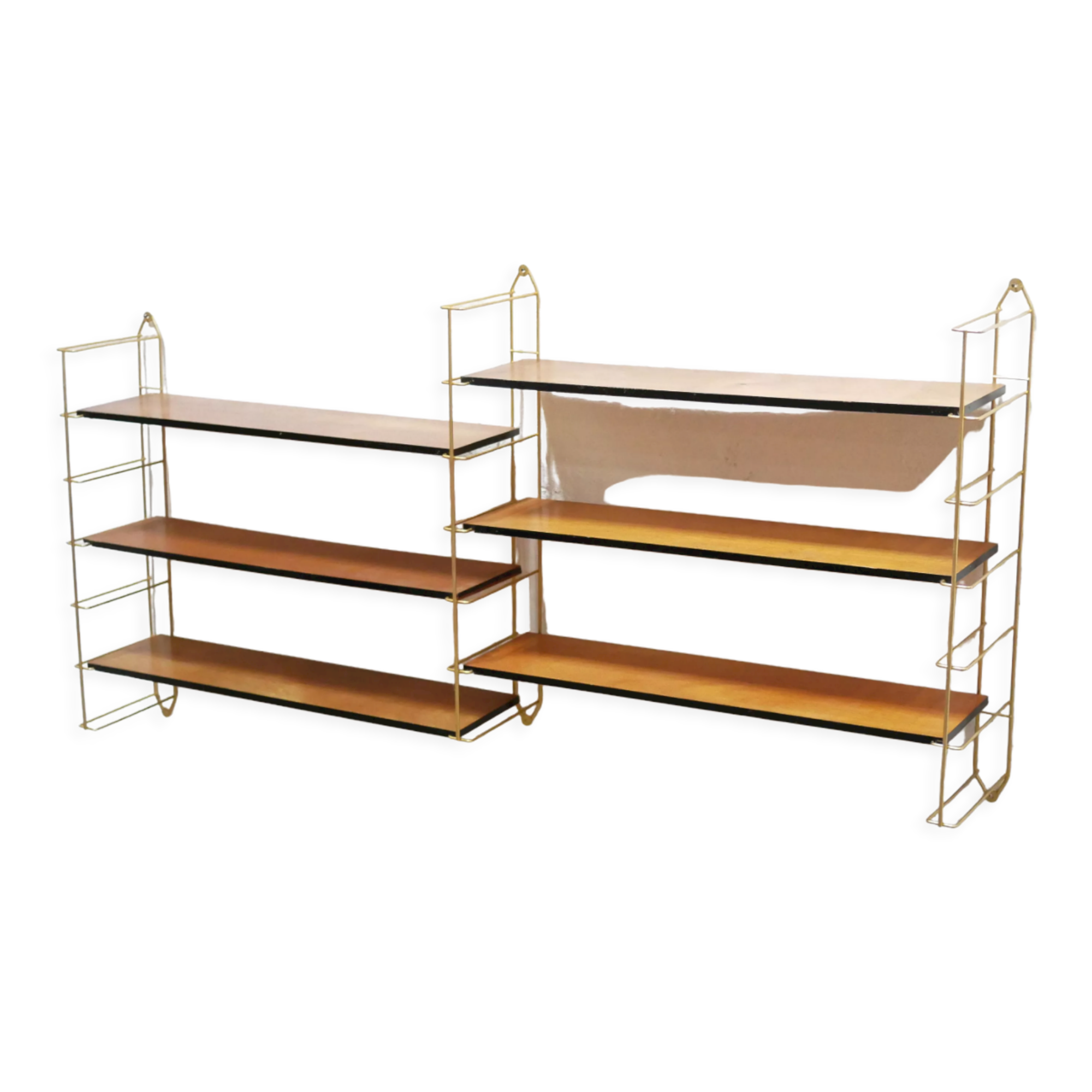 Vintage modular wall shelf in brass and wood