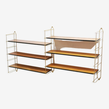 Vintage modular wall shelf in brass and wood