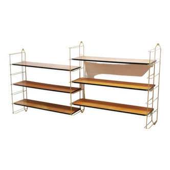 Vintage modular wall shelf in brass and wood