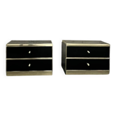 pair of black lacquered bedside tables with glass and brass effect, Roche Bobois 1970