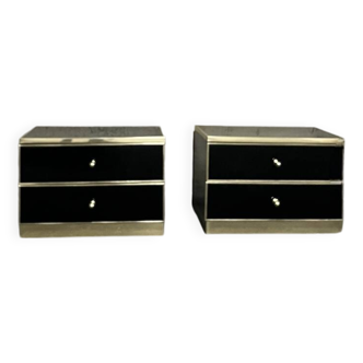 pair of black lacquered bedside tables with glass and brass effect, Roche Bobois 1970