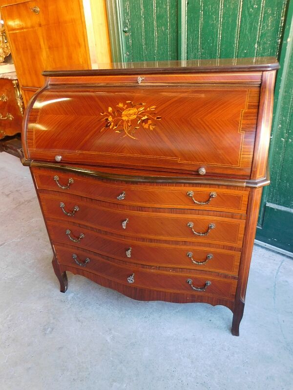 Secretaire commode a cylindre en bois verni
