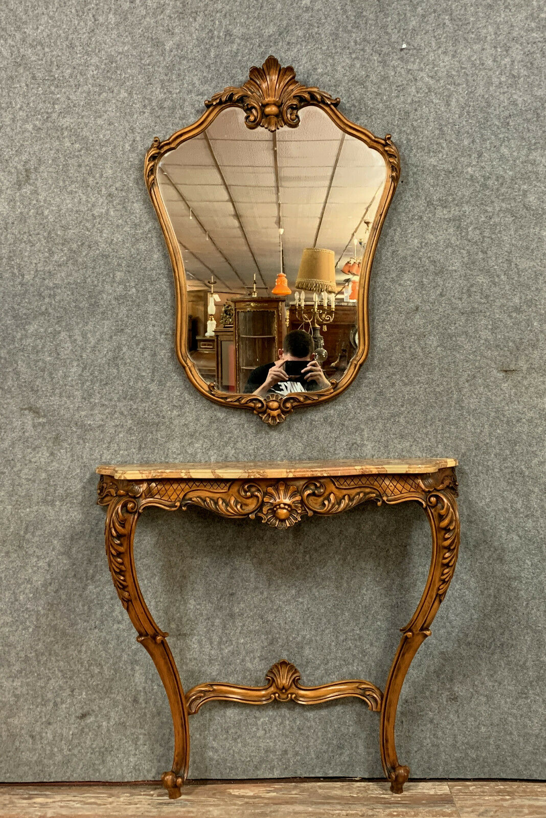 Louis XV Baroque console in natural wood with its mirror