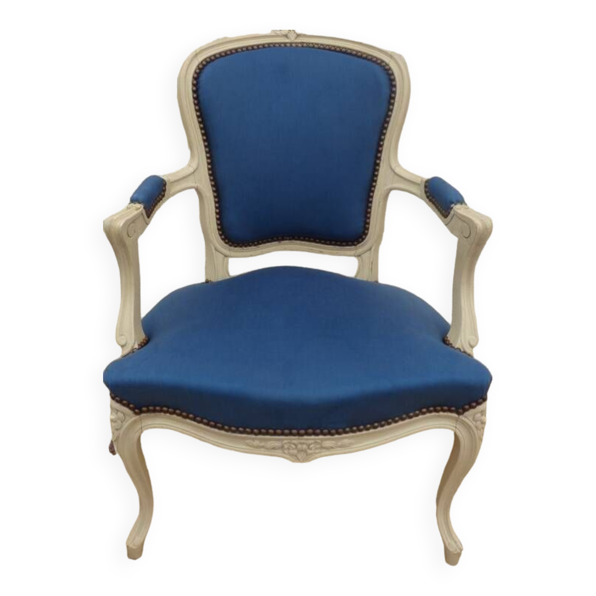 Cabriolet armchair in lacquered wood trimmed in blue satin, Louis XV style