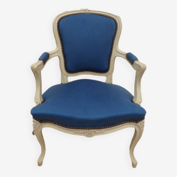 Cabriolet armchair in lacquered wood trimmed in blue satin, Louis XV style