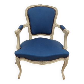 Cabriolet armchair in lacquered wood trimmed in blue satin, Louis XV style