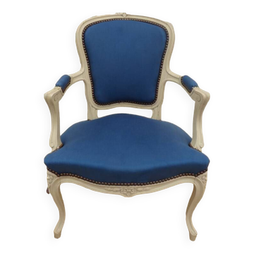 Cabriolet armchair in lacquered wood trimmed in blue satin, Louis XV style