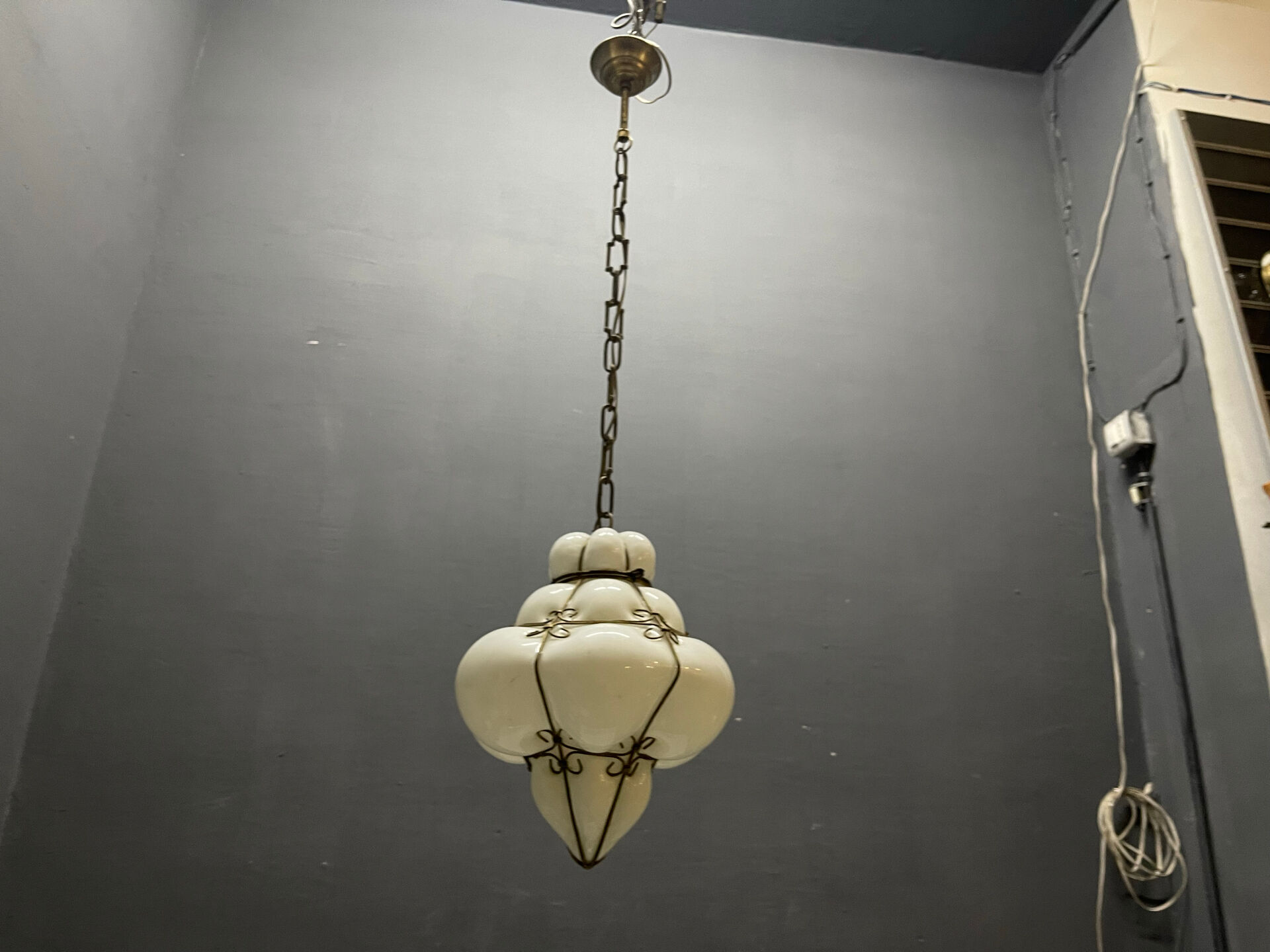 Murano Opaline Glass Pendant Light in Wrought Iron Frame, Italy, Mid-C