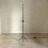 Lampadaire tripode vintage metal noir et boule laiton