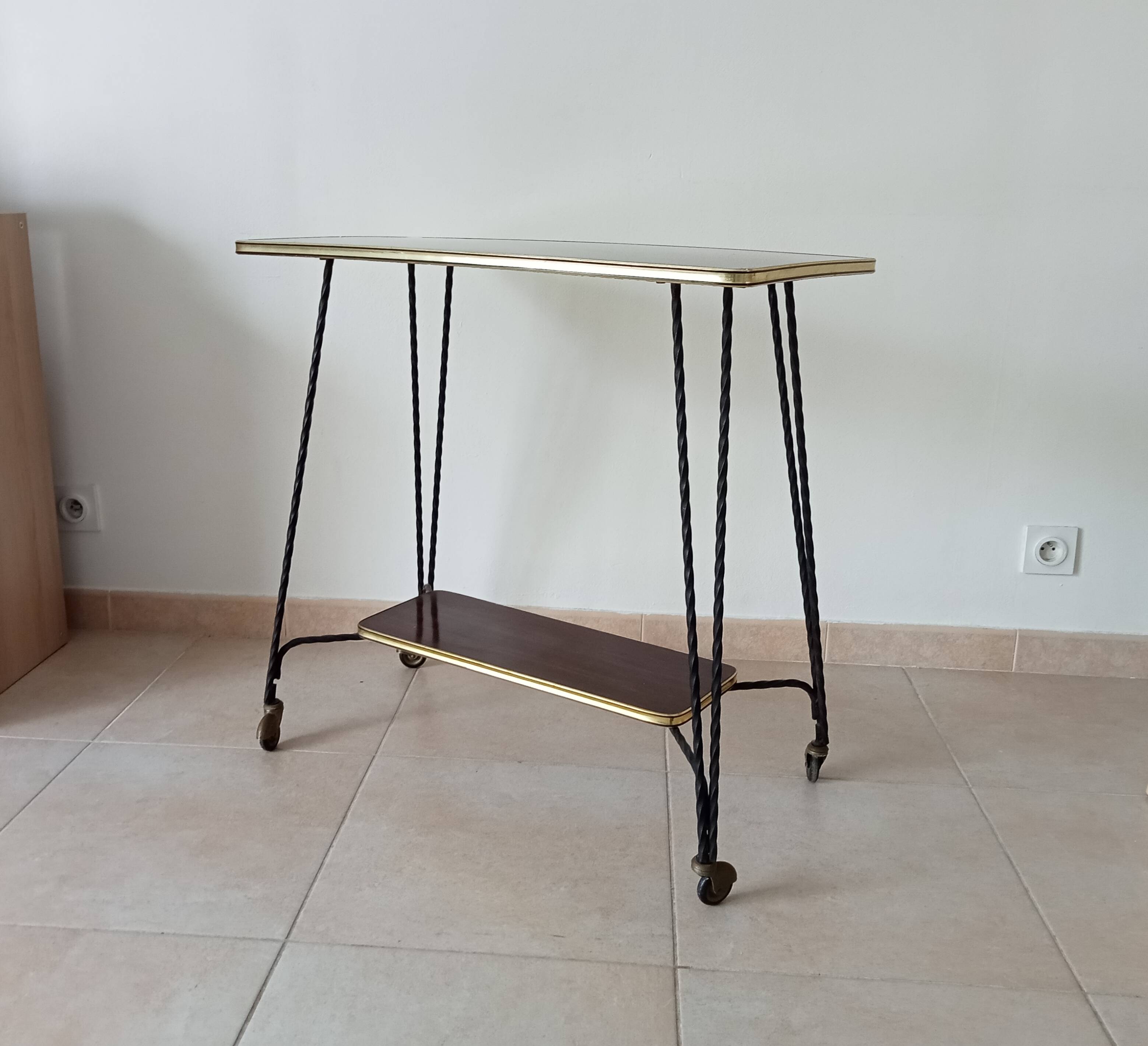 Vintage Formica and wrought iron rolling dessert trolley/side table.