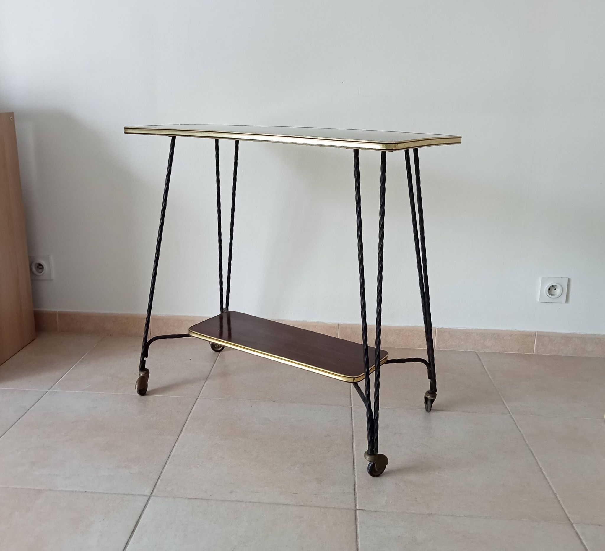 Vintage Formica and wrought iron rolling dessert trolley/side table.