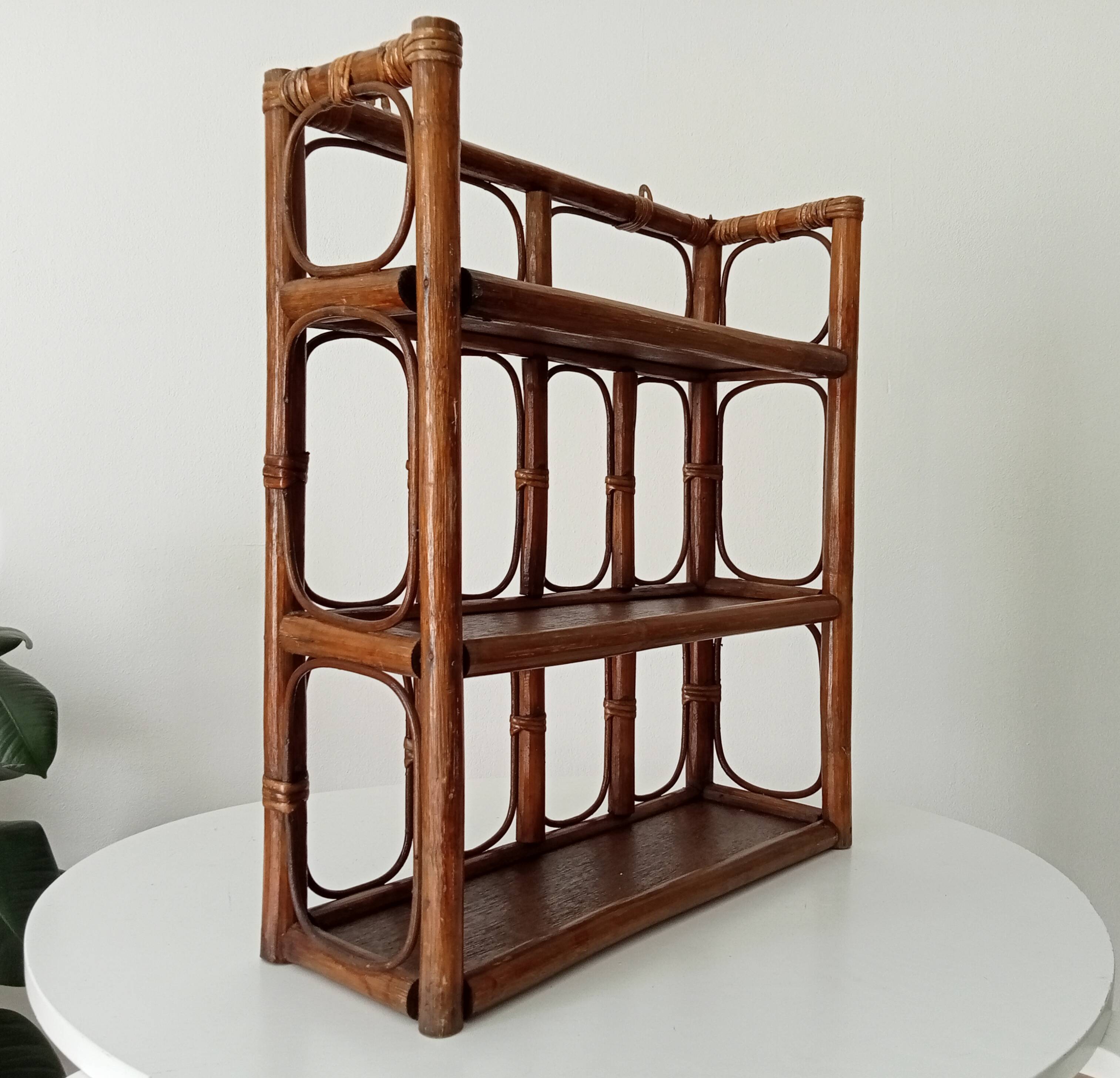 Vintage bamboo and rattan wall shelf