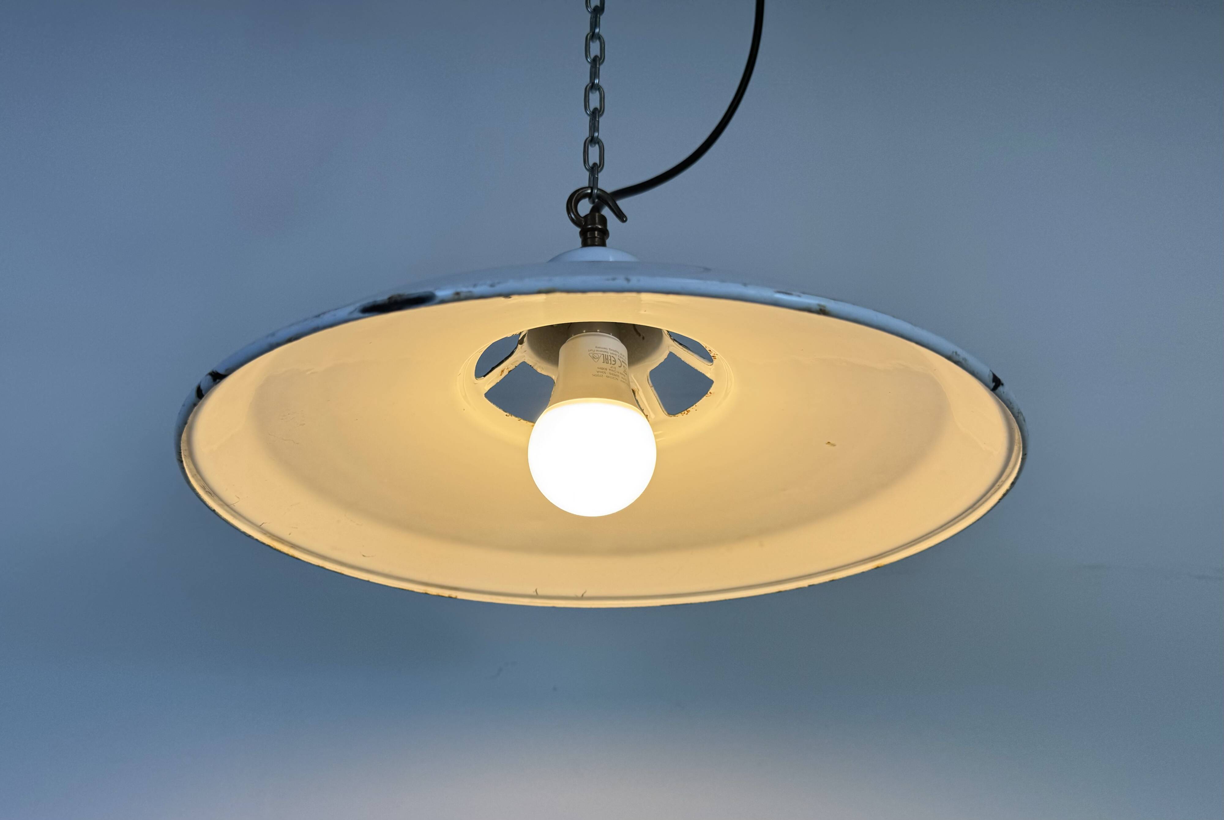 Industrial White Enamel Factory Pendant Lamp, 1960s