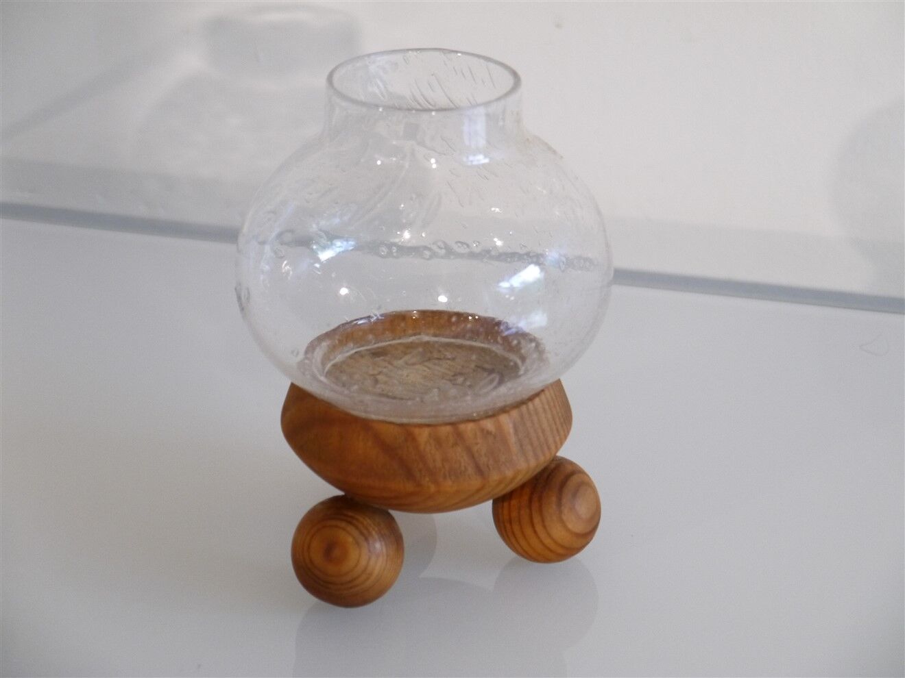 Scandinavian glass and wood candlestick 1960