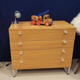 Solid wood chest of drawers with chrome legs from the 1970s.