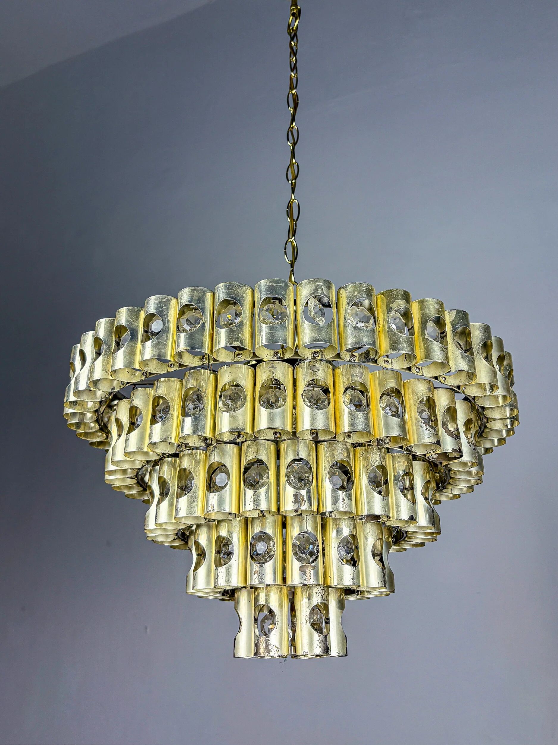Gaetano Sciolari 5-tier chandelier, brass & crystal, Italy, 1970s