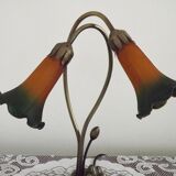 Vintage Bronze Effect Metal Lily Pad Double Light Table Lamp Tulip Shades
