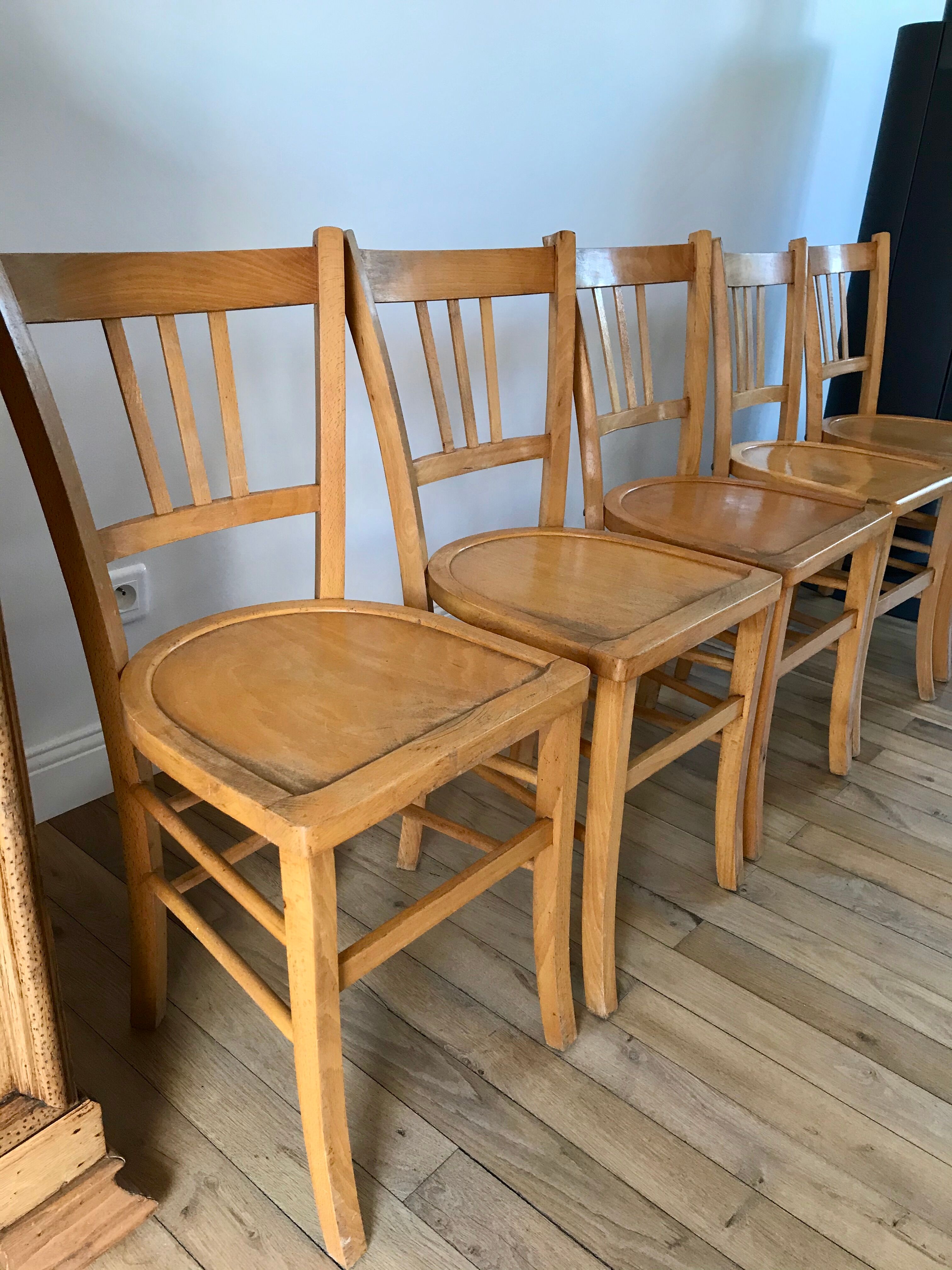 Set of 5 Luterma light blond wood bistro chairs from the 50s