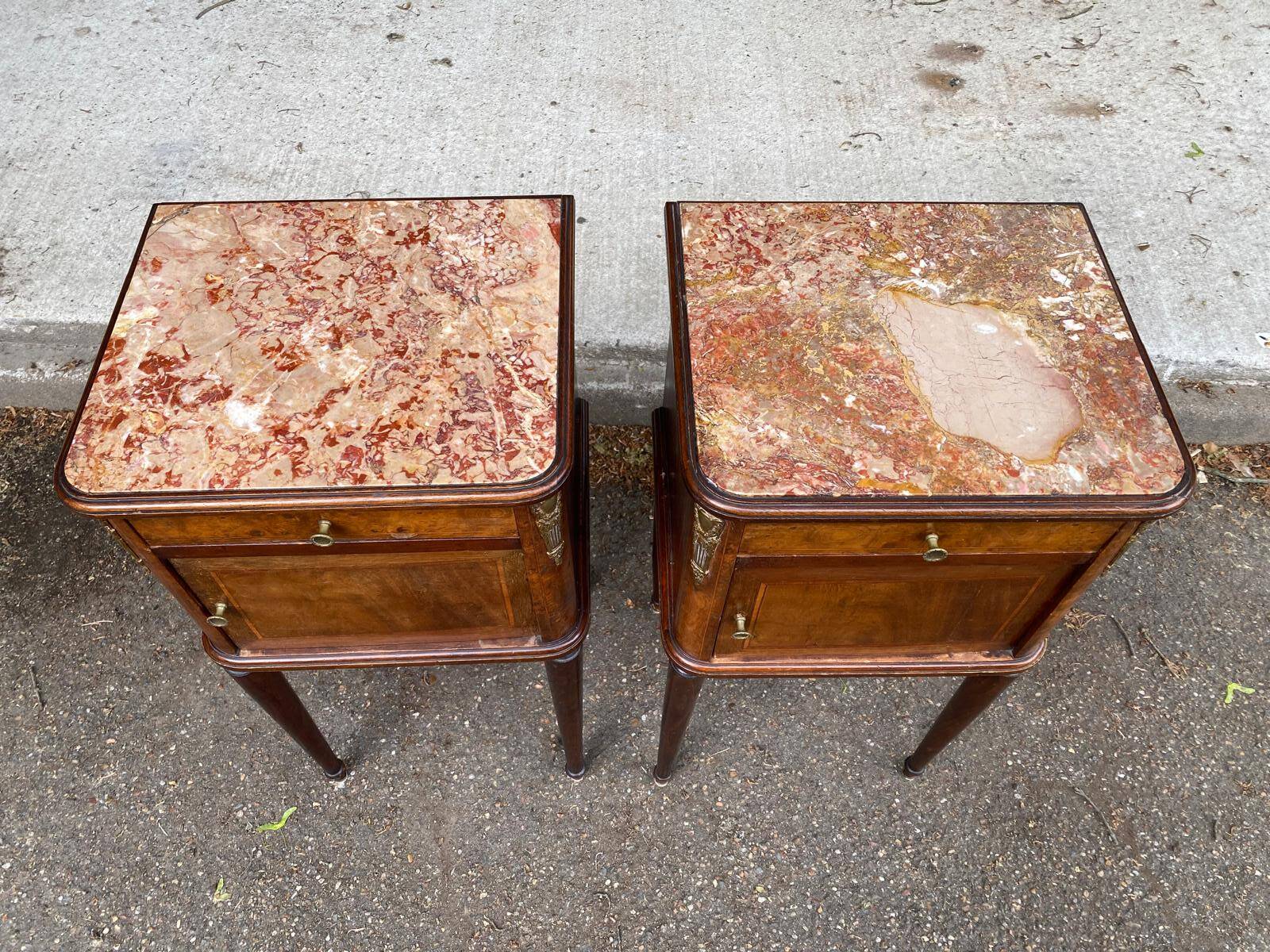 Pair of Louis XV bedside tables, 19th century, marquetry and pink marble
