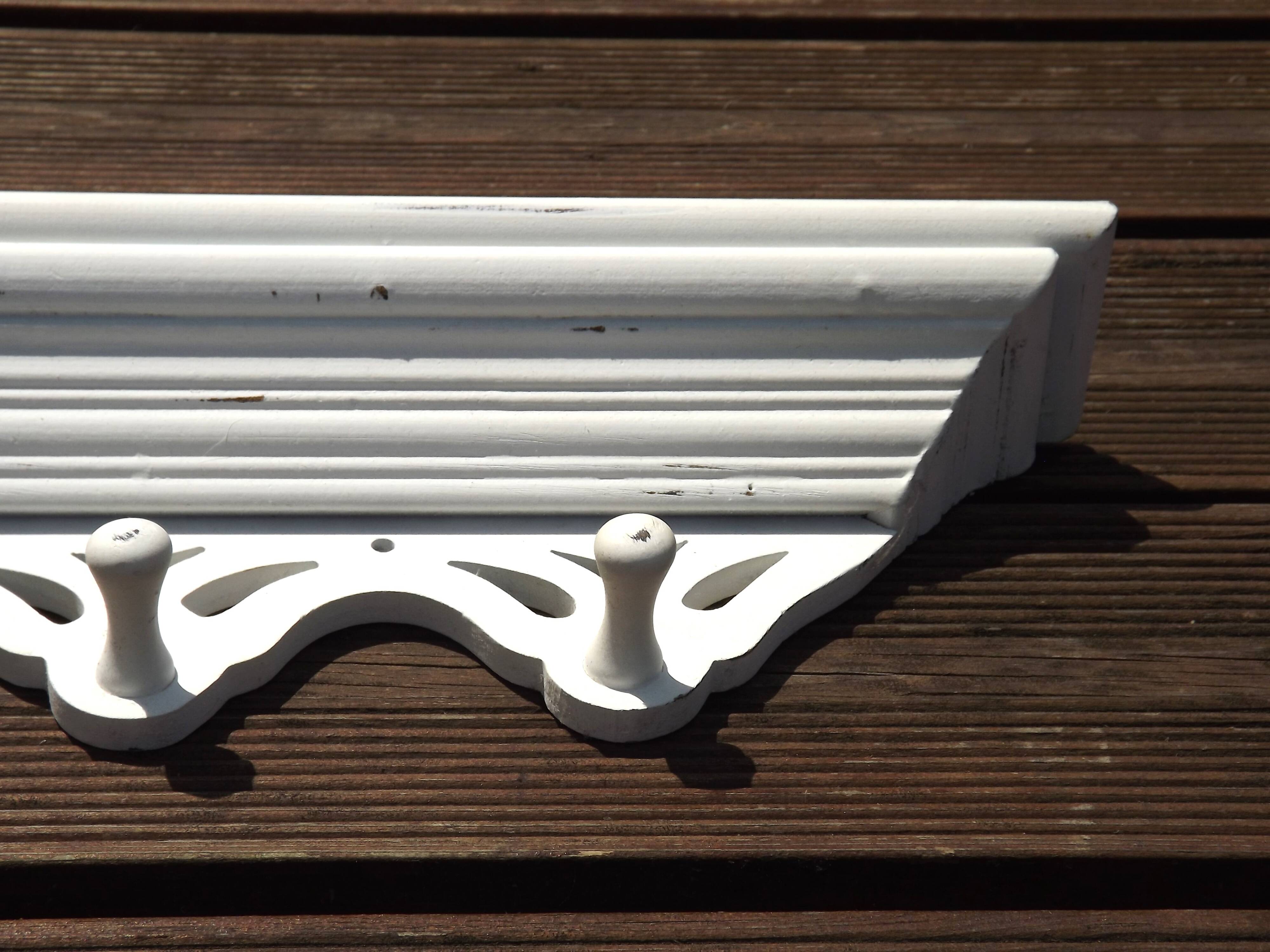 Vintage French White Shabby Chic 6 Peg Coat Rack with Shelf Cut-Out Detail