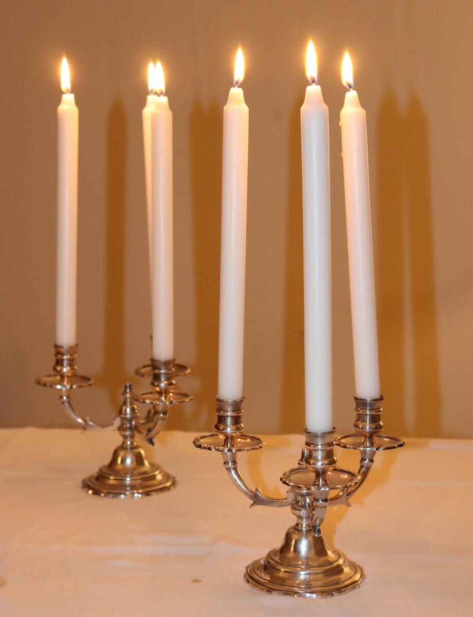 Pair of triangular 3-light candlesticks