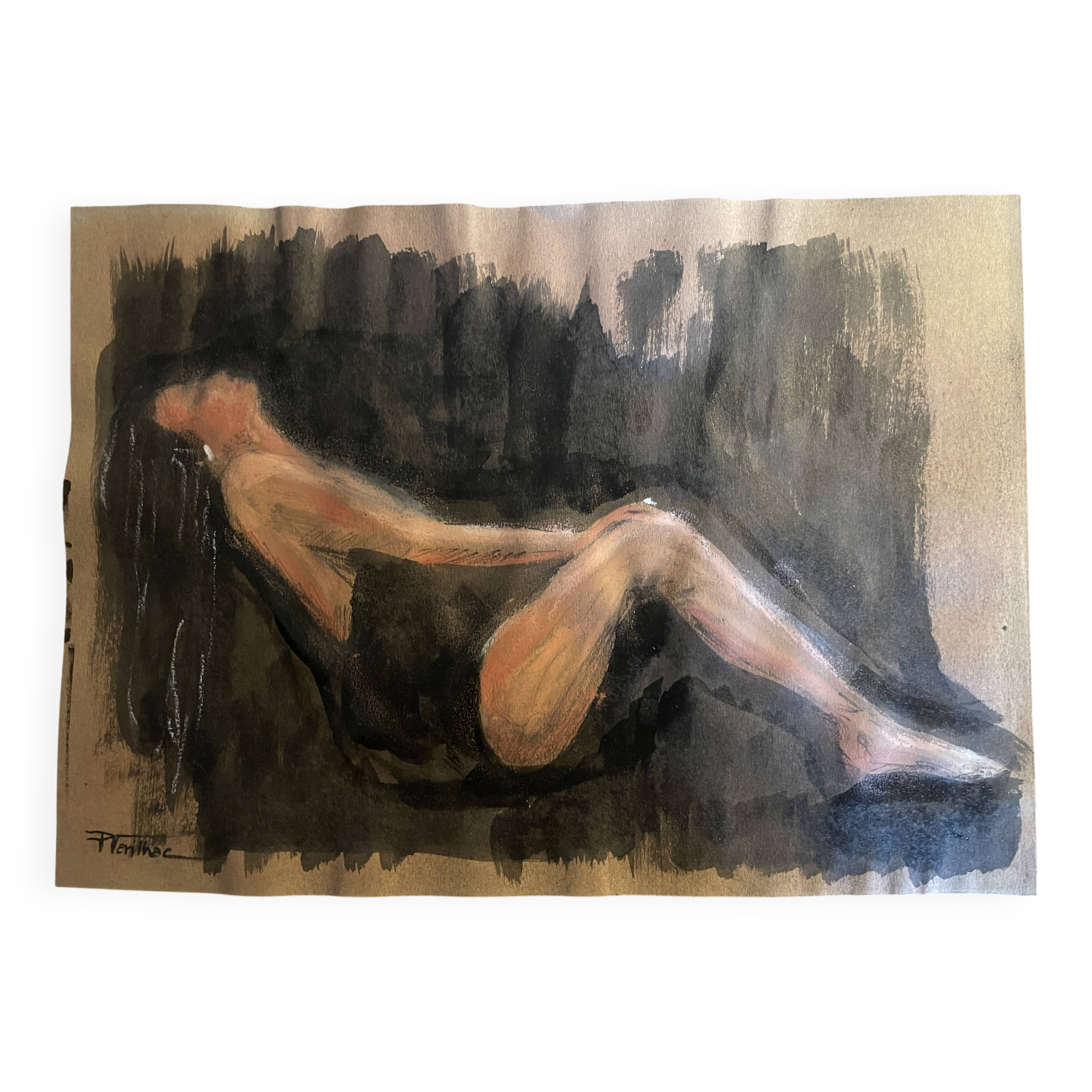 Signed painting, pastel, Chinese ink, portrait of a woman "black sun"