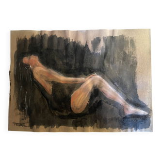 Signed painting, pastel, Chinese ink, portrait of a woman "black sun"