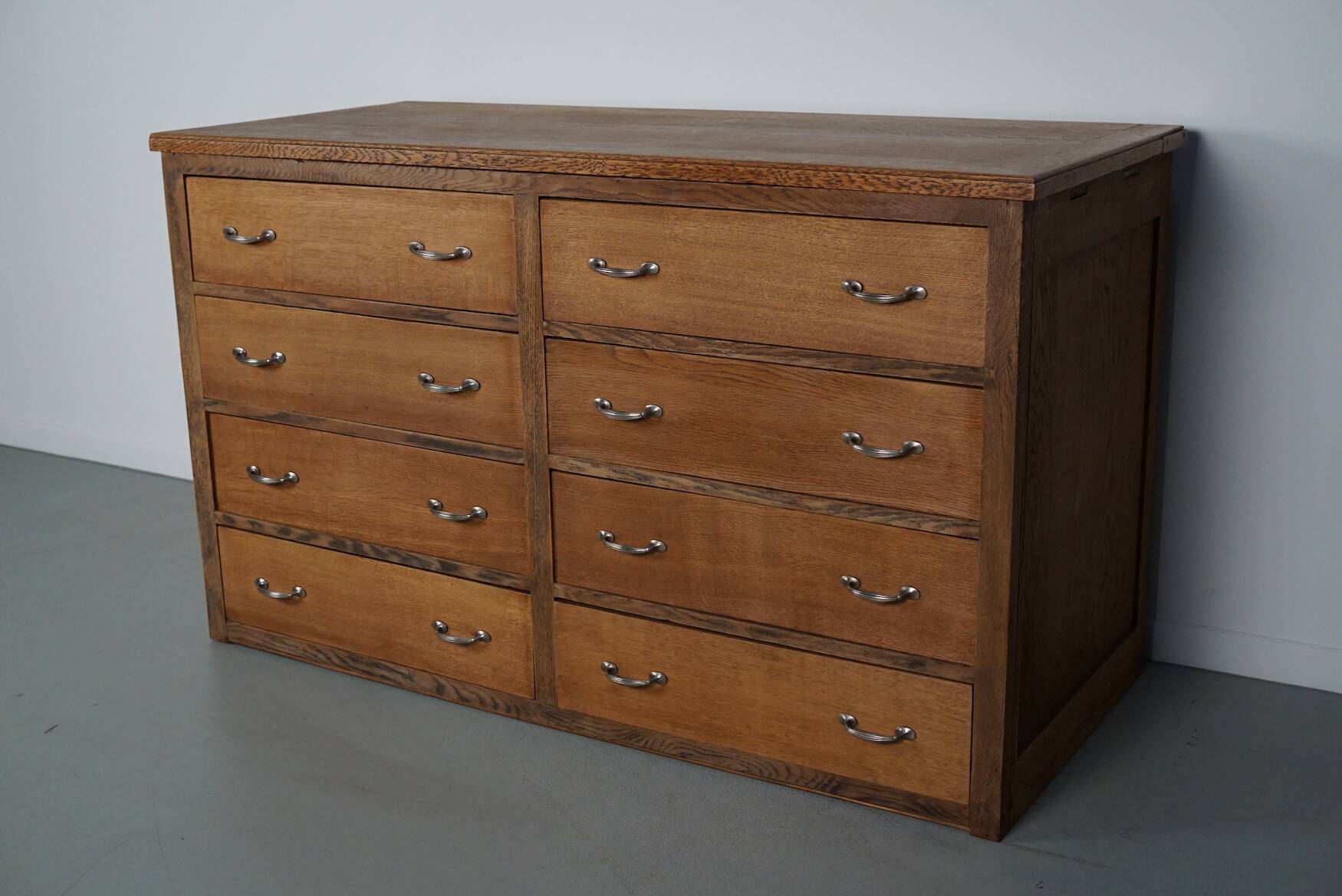 Antique French oak shop cabinet / kitchen island, 1930s