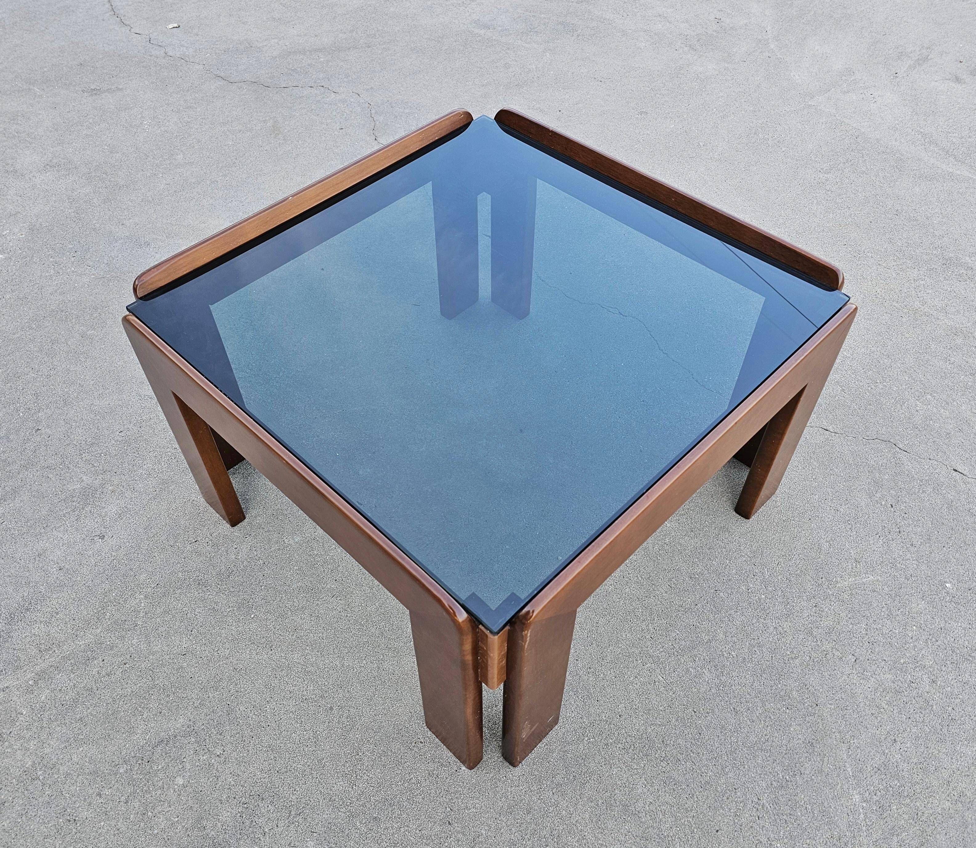 MCM coffee table in walnut and smoked glass by Afra and Tobia Scarpa, 1960s