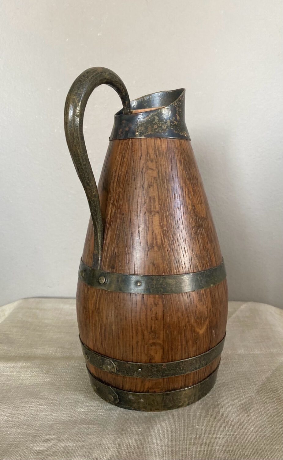 Beaune brandy pitcher in solid oak with brass rims 1970s