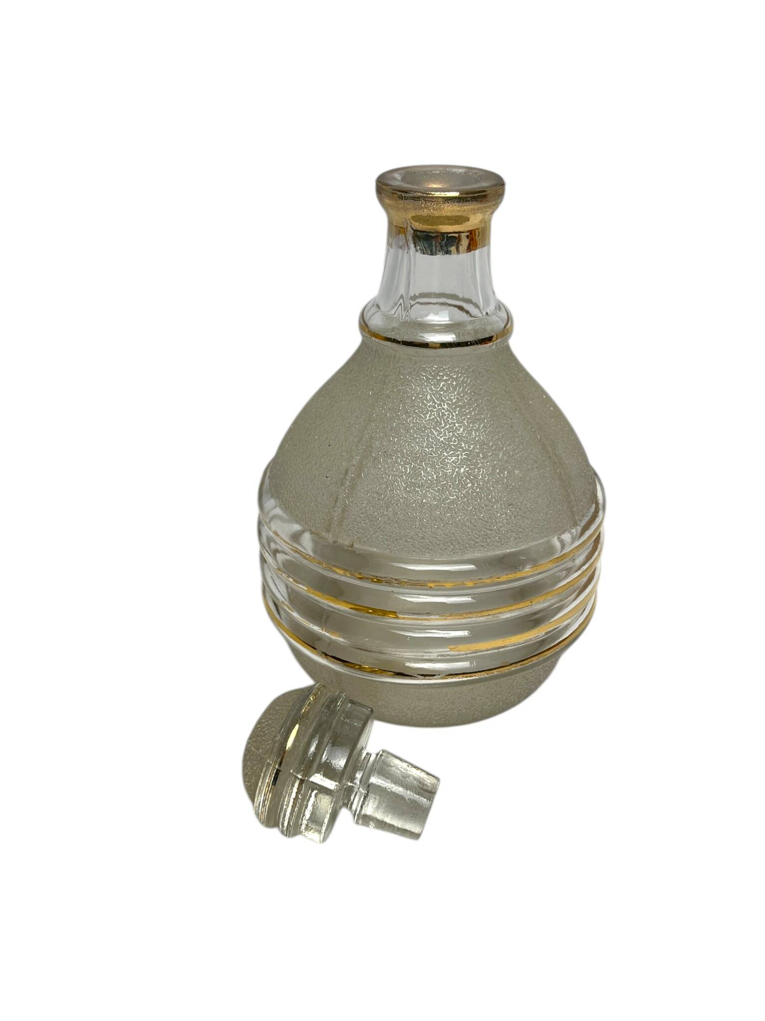 Art Deco, frosted glass liqueur bottle with gold trim circa 1940.