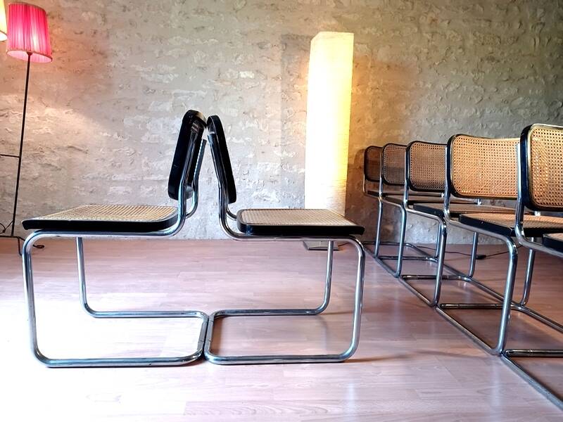 Pair of B32 Cesca chairs by Marcel Breuer, designed in 1987, stamped