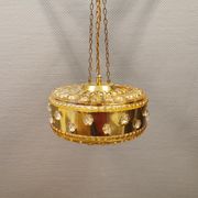 Ceiling-hanging lamp in glass with prisms and metal details